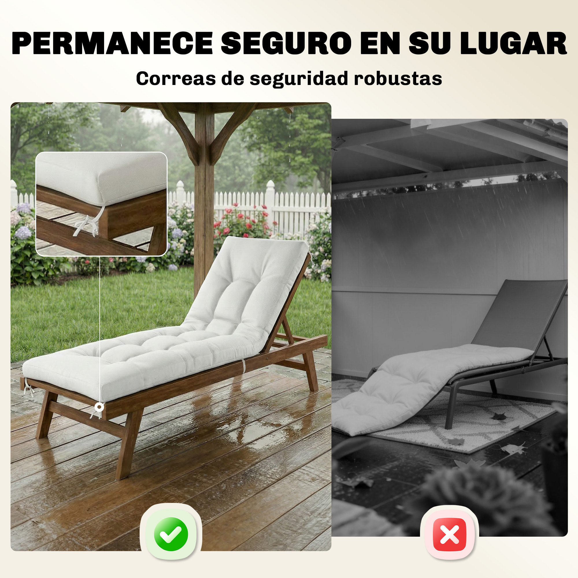 Cojín para Banco Exterior, Cojín para Banco y Tumbona de Jardín con Correas de Sujeción, Protección UV50+, Rebote Lento, para Interior y Exterior, 198x65x13 cm, Crema