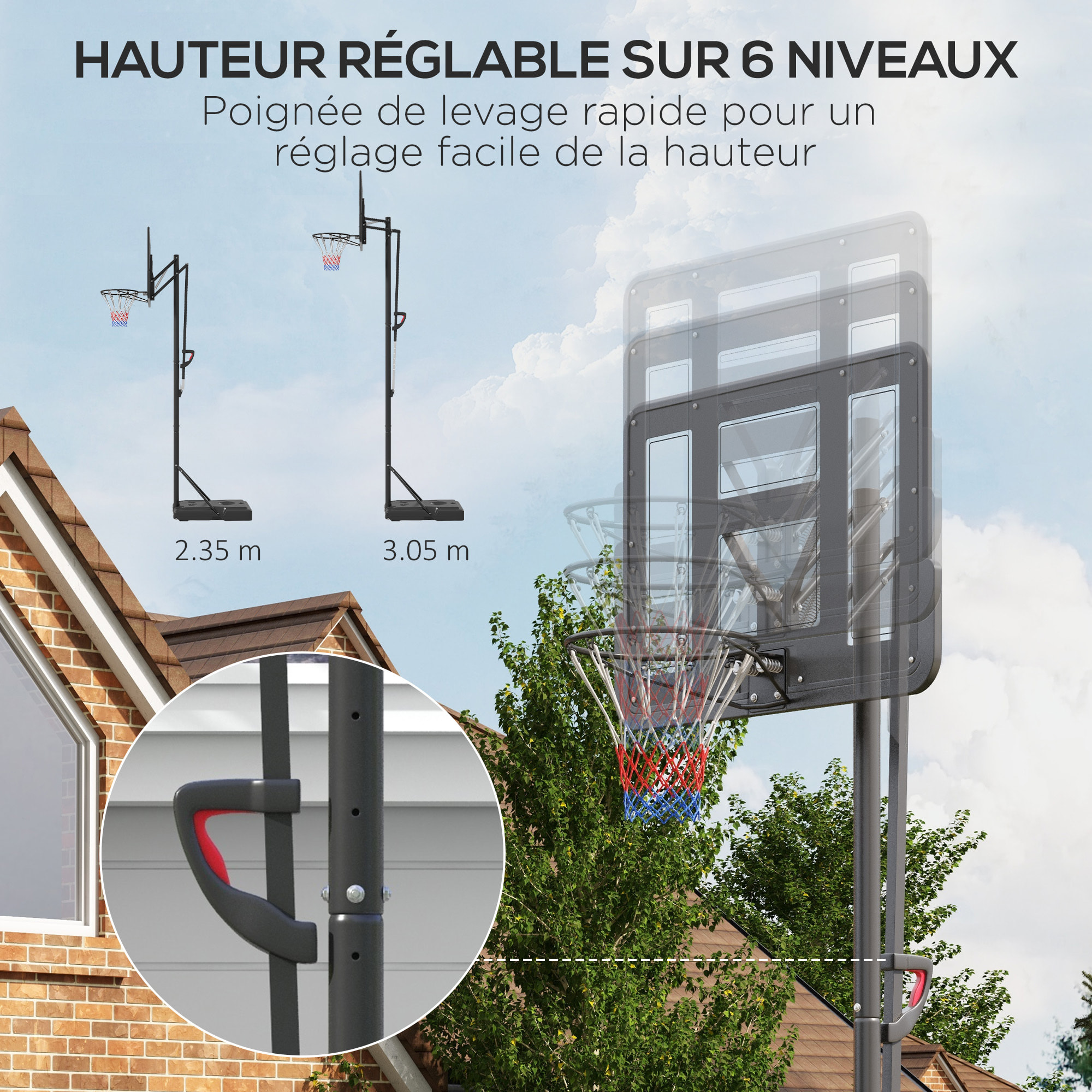 Panier de basket sur pied hauteur réglable 2,35-3,05 m - roulettes, base de lestage - acier PE noir