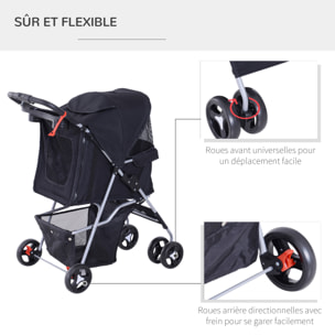 Poussette buggy pour chiens 75L x 46l x 94H cm pliable imperméable tissu 600D Oxford 4 roues noir