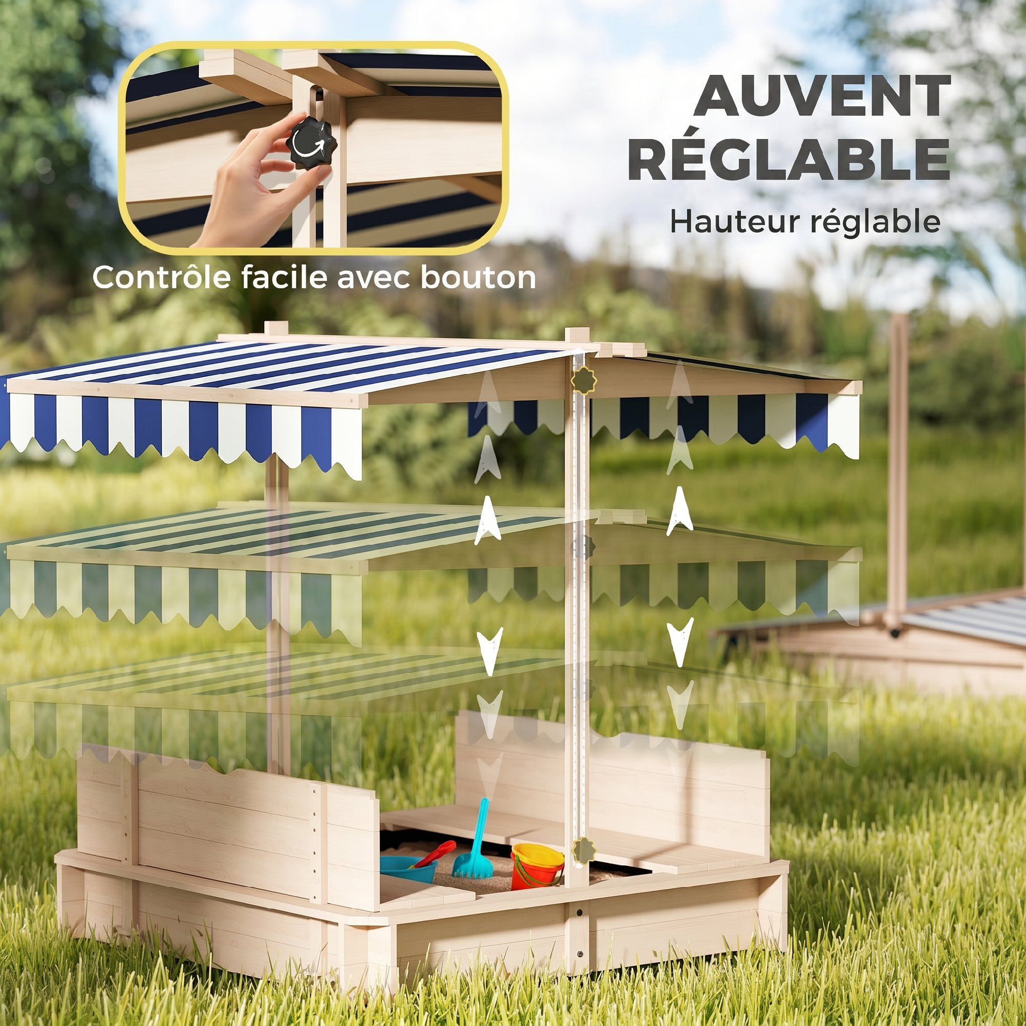 Bac à sable carré en bois pour enfant dim. 106L x 106l cm avec bancs et couvercle - auvent réglable