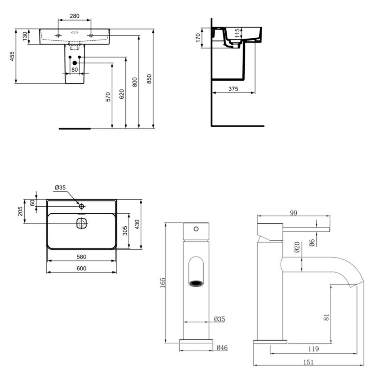 Strada II Lavabo 600x430 mm 1 trou + Swiss Aqua Technologies Aurum mitigeur lavabo sur pied, noir mat (T300001SAT271BGM)