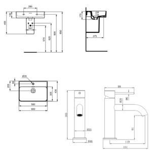 Strada II Lavabo 600x430 mm 1 trou + Swiss Aqua Technologies Aurum mitigeur lavabo sur pied, noir mat (T300001SAT271BGM)