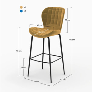 Pack 4 chaises de bar en velours jaune et bleu 75 cm - Mazzia