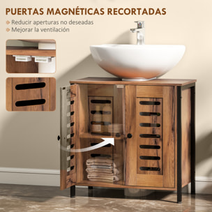 Mueble Bajo Lavabo, Mueble de Baño Industrial, 2 Puertas de Lamas con Cierre Magnético, Estante Ajustable, para Lavabos sin Pedestal, 60x30x60 cm, Marrón Rústico