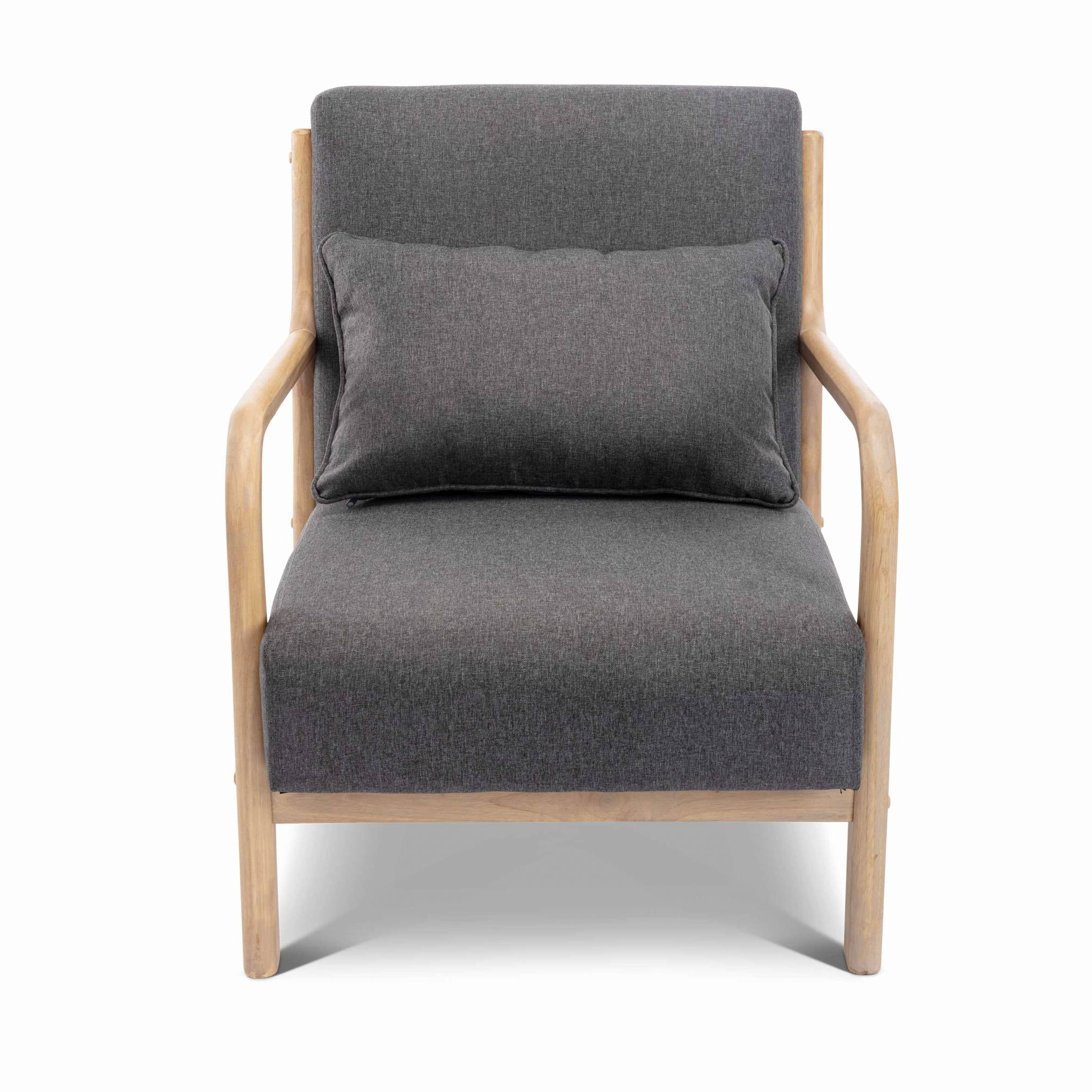 Fauteuil design en bois et tissu. 1 place droit fixe. pieds compas scandinave. structure en bois solide. assise confortable. gris foncé