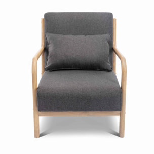 Fauteuil design en bois et tissu. 1 place droit fixe. pieds compas scandinave. structure en bois solide. assise confortable. gris foncé