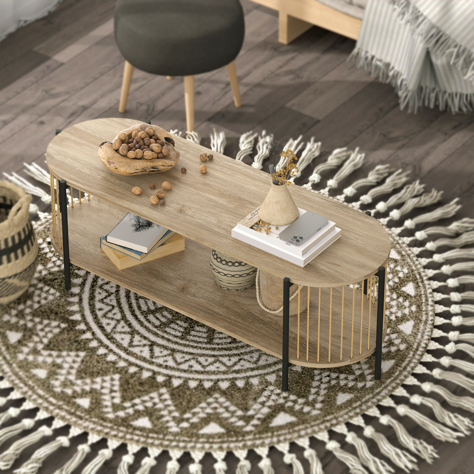 Mueble de TV Bohemio Mesa de TV hasta 55 Pulgadas con Diseño en Cuerda de Papel y 2 Estantes Abiertos para Salón Dormitorio 124x43,5x41 cm Natural