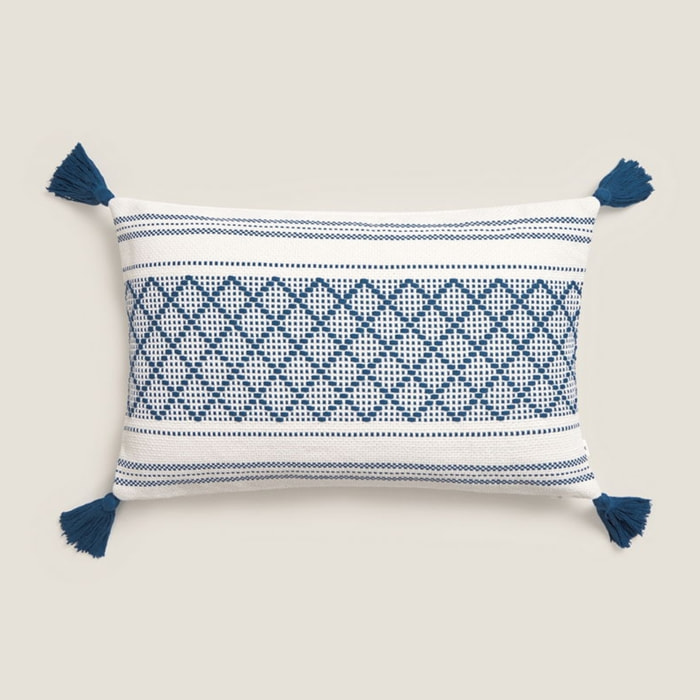 Funda de cojín tejido rombos con borlas Diami color azul Algodón y poliéster