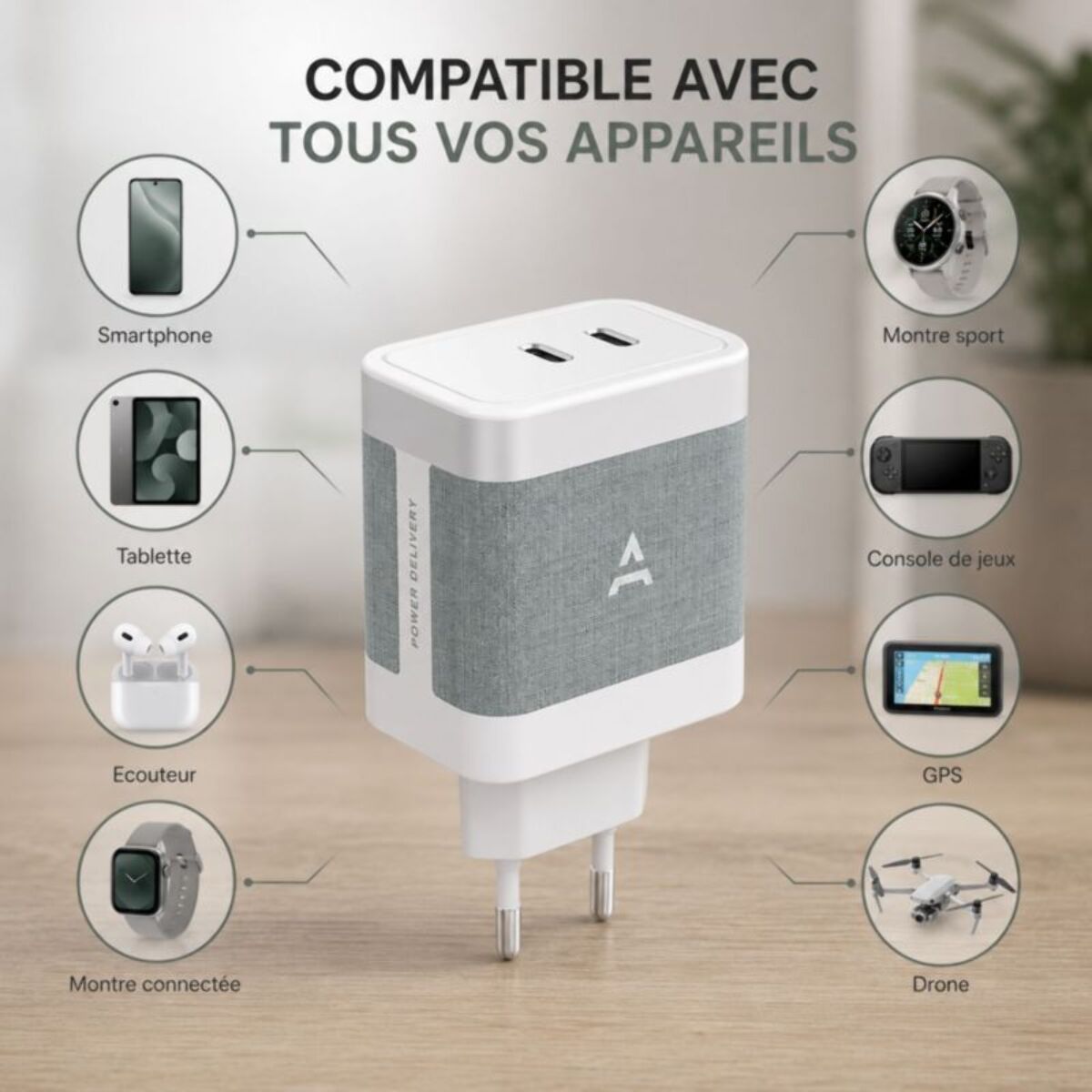 Chargeur ordinateur portable ADEQWAT 65W charge rapide 2 USB-C