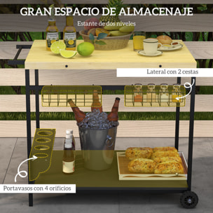 Camarera con Ruedas de Madera Carro de Servicio con 2 Estantes 2 Cestas Metálicas y Soportes para Botellas para Jardín Terraza Patio 97,5x65x81 cm Natural y Negro