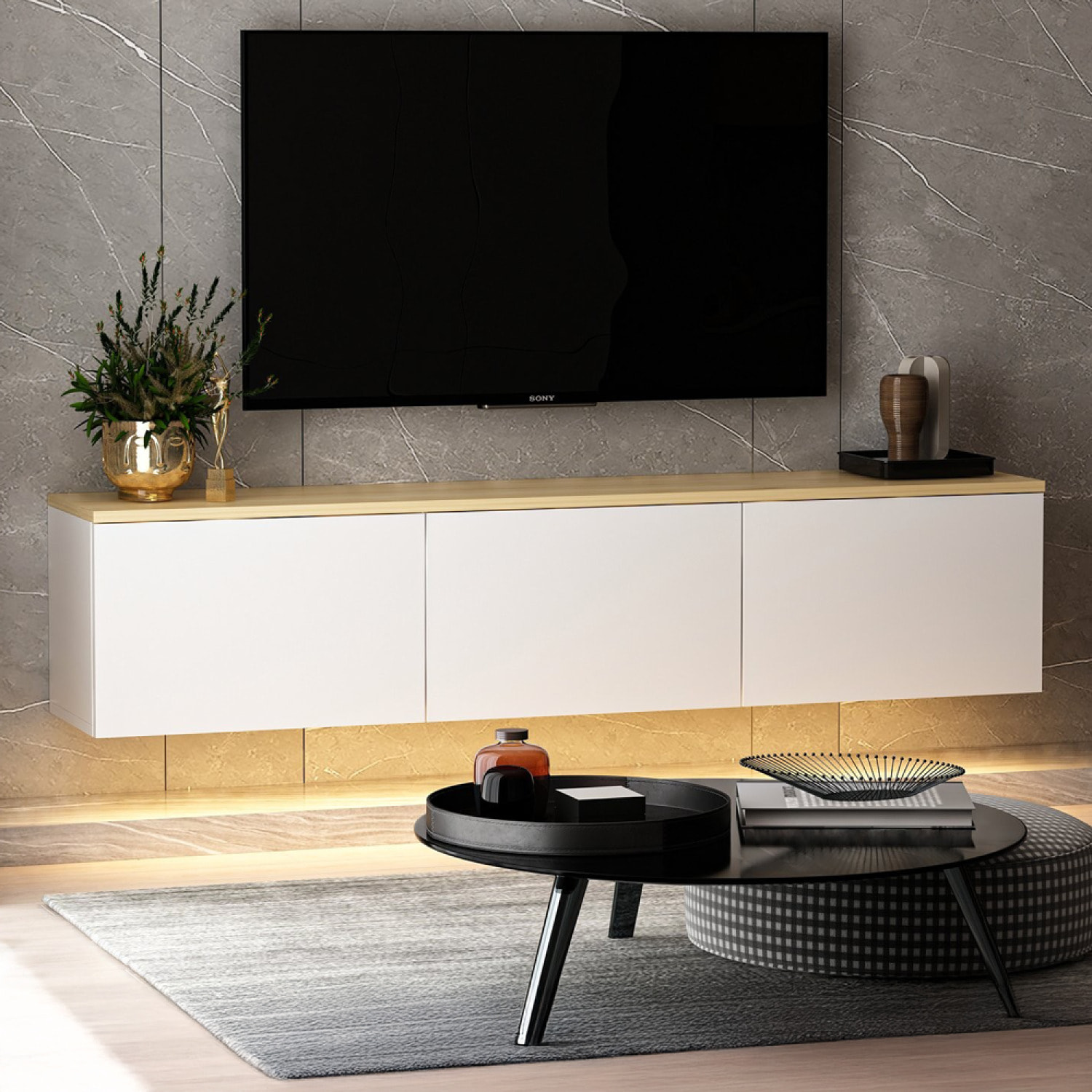 HAMPTON Meuble TV LED suspendu avec placards blanc et plateau bois 160cm