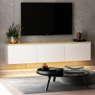 HAMPTON Meuble TV LED suspendu avec placards blanc et plateau bois 160cm