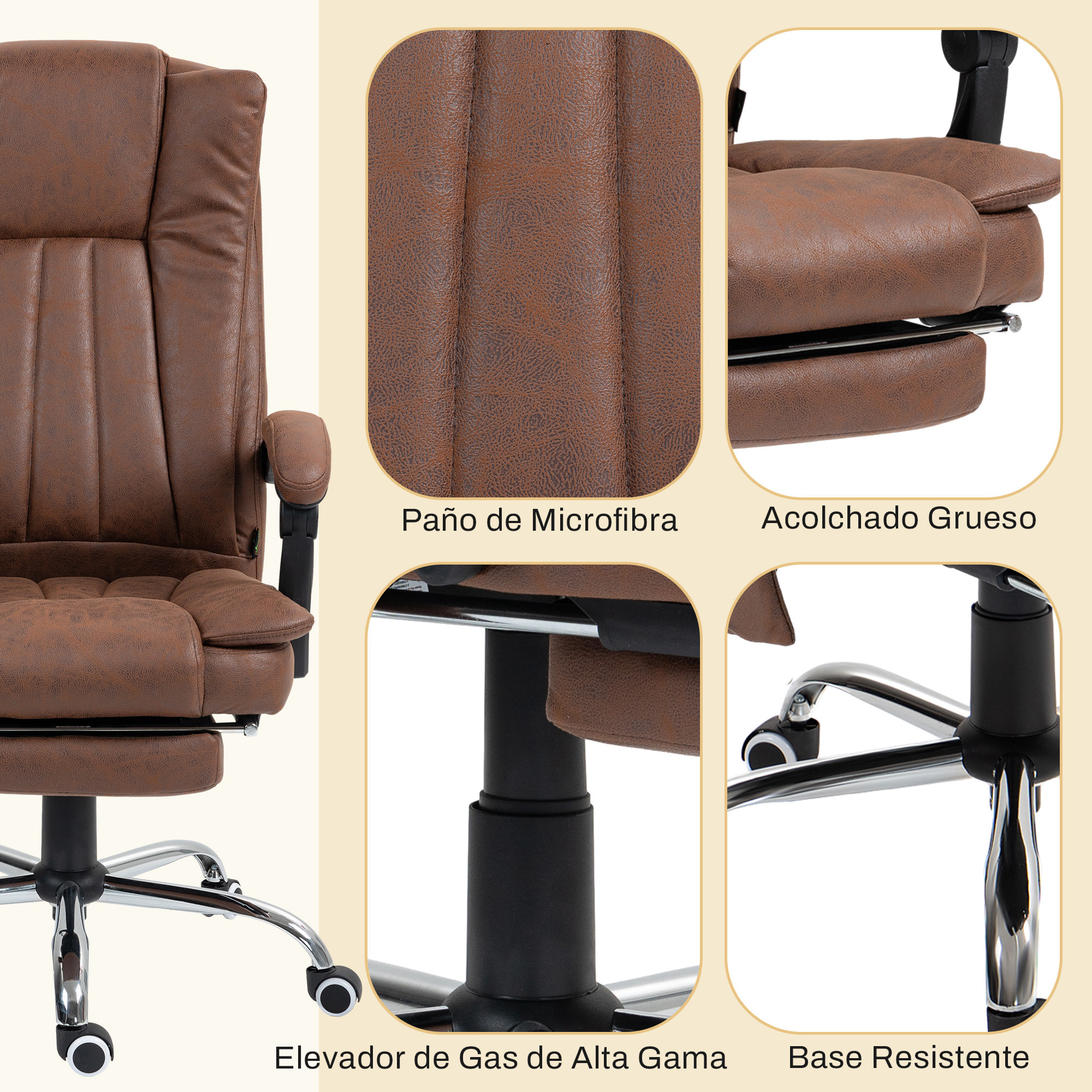 Silla de Masaje con 6 Puntos de Masaje Silla de Oficina Giratoria Silla de Escritorio Reclinable con Altura Ajustable Función de Calefacción Reposapiés Retráctil y Control Remoto Marrón