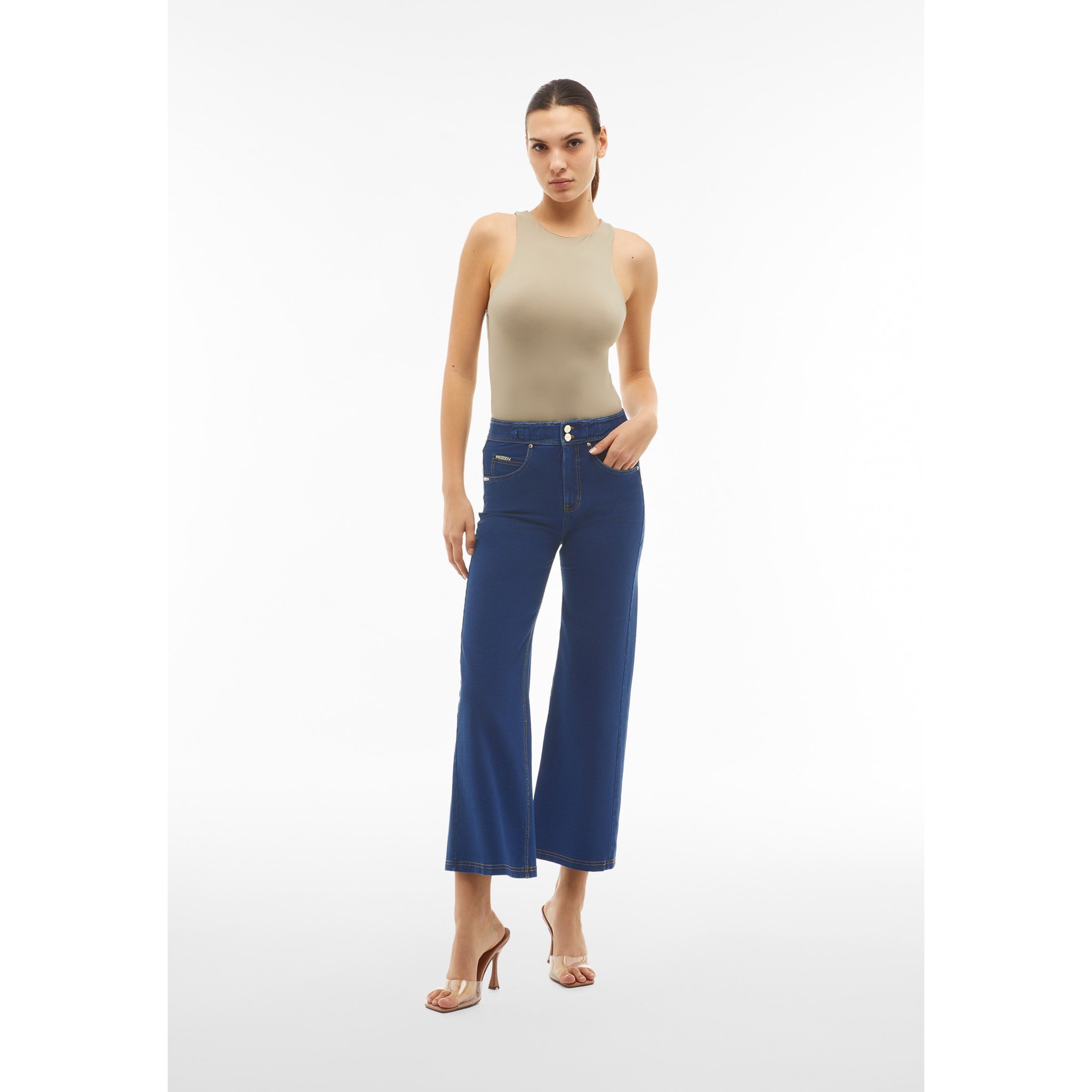 Pantaloni N.O.W.® wide leg cropped vita alta in jersey denim