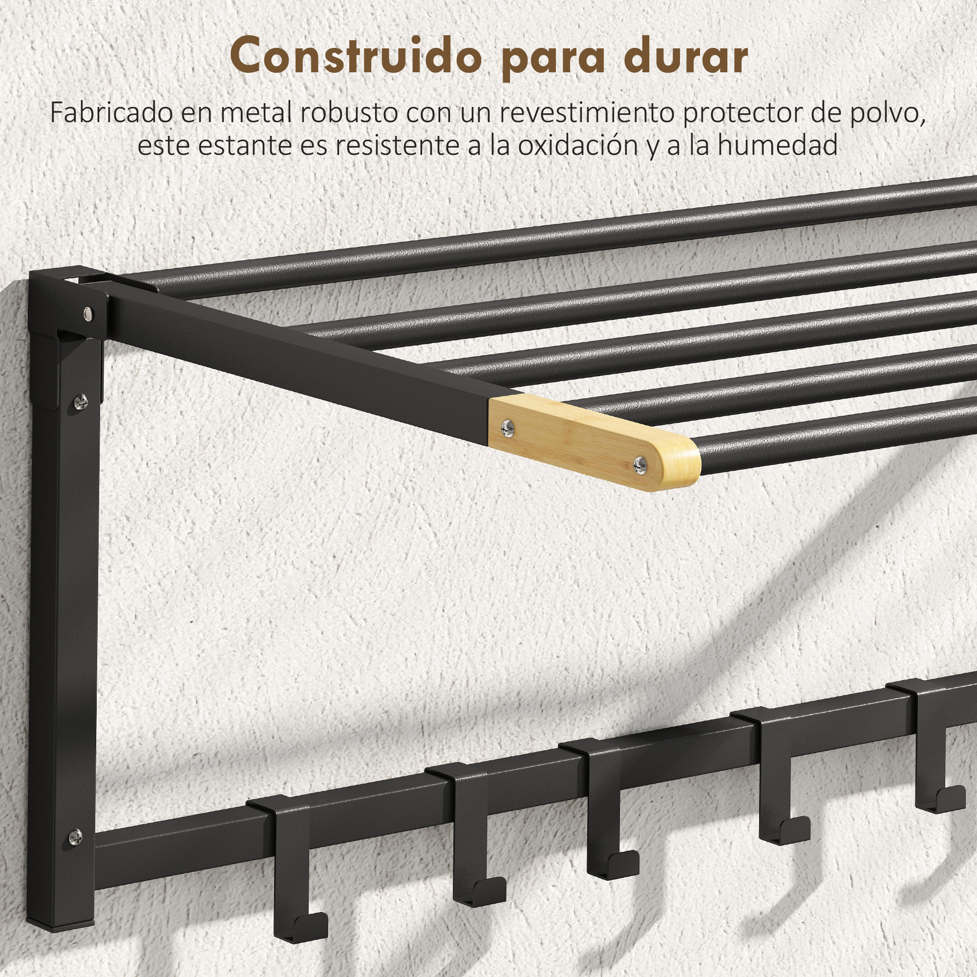 Toallero de Baño de Pared, Toallero Plegable con 5 Barras y 6 Ganchos, para Toallas, Baño, 60 cm, Negro