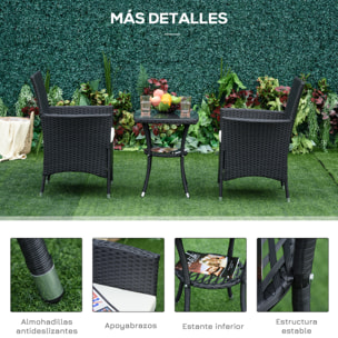 Conjunto de Muebles de Exterior de Ratán 1 Mesa 2 Sillas Estructura Metal Negro