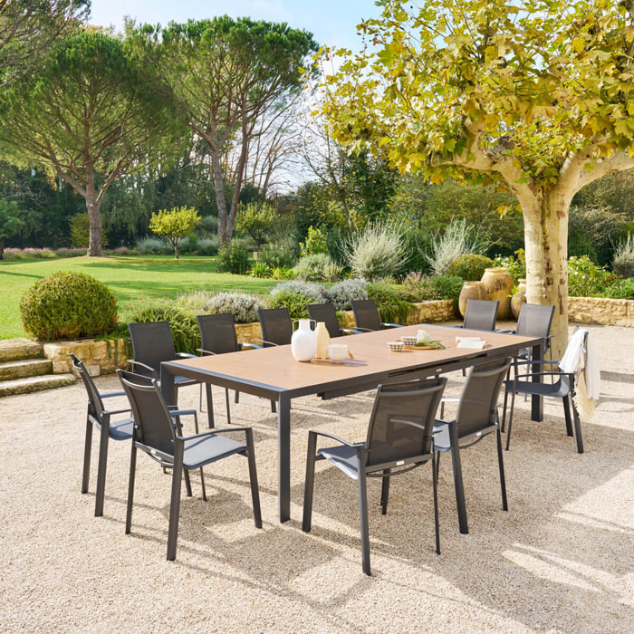 Table de jardin extensible "Évasion" effet bois honey & graphite 14 places lates en aluminium