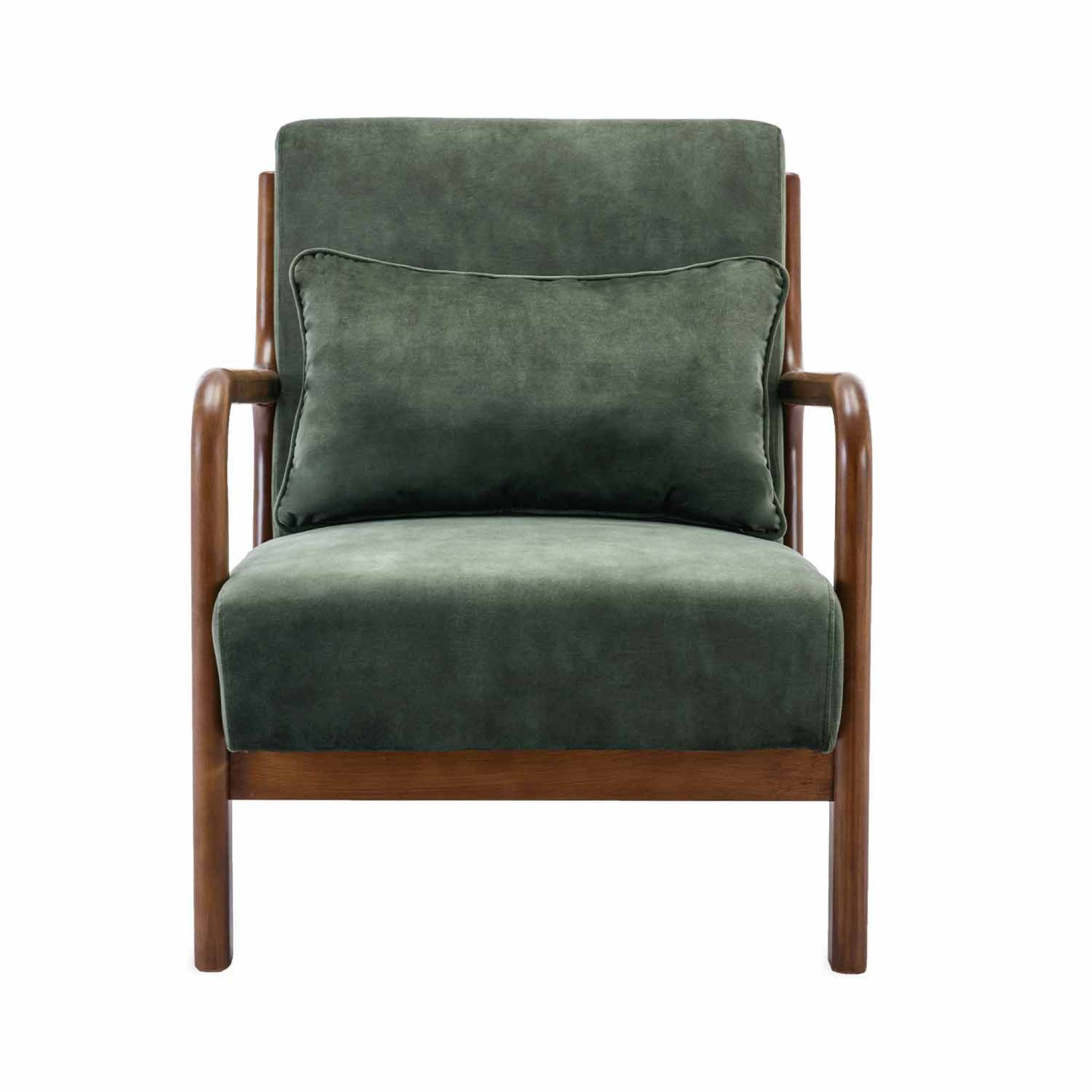 Fauteuil en velours kaki foncé. pieds bois d'hévéa teinté noyer clair. 1 place droit fixe. pieds compas scandinave