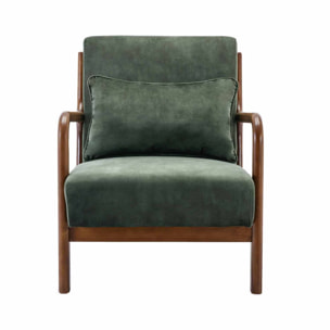 Fauteuil en velours kaki foncé. pieds bois d'hévéa teinté noyer clair. 1 place droit fixe. pieds compas scandinave