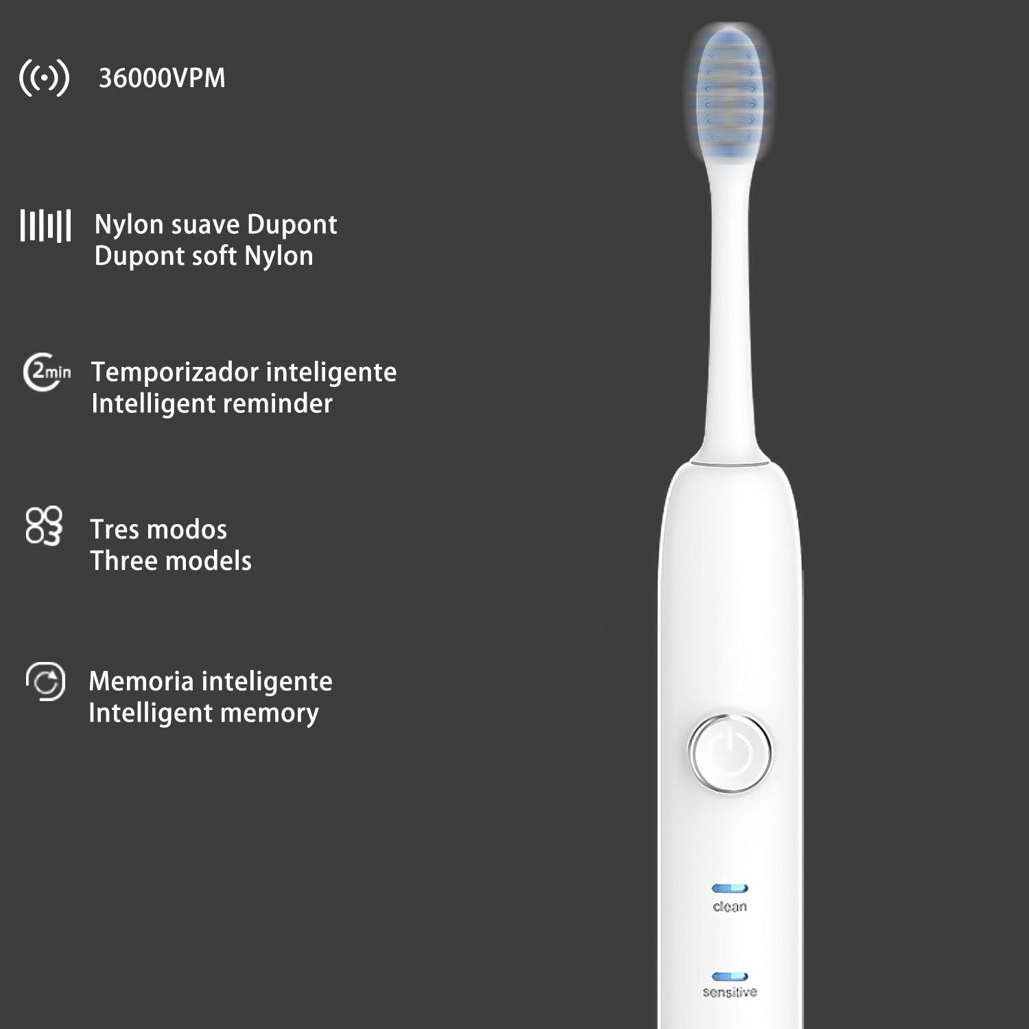 Spazzolino elettrico con batteria e testina ricaricabili. 3 modalità di utilizzo. Ricarica wireless induttiva.