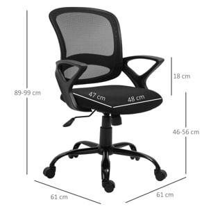 Vinsetto Silla de Oficina Ergonómica Silla de Escritorio Basculante con Altura Ajustable Asiento Giratorio 360° y Soporte Lumbar Malla Transpirable 61x61x89-99 cm Negro