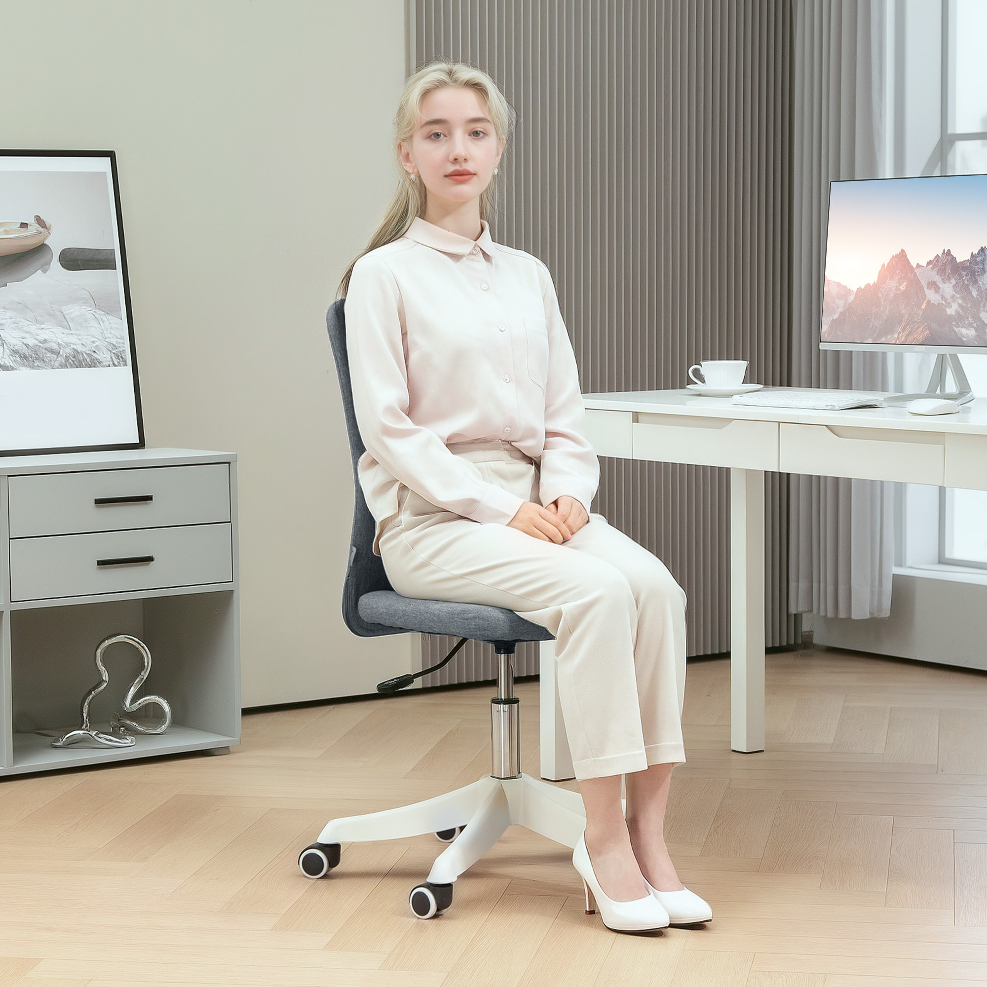 Silla de Escritorio sin Brazos Silla de Oficina Giratoria Tapizado en Lino Sintético con Altura Ajustable para Estudio Dormitorio Tocador Carga 120 kg Gris