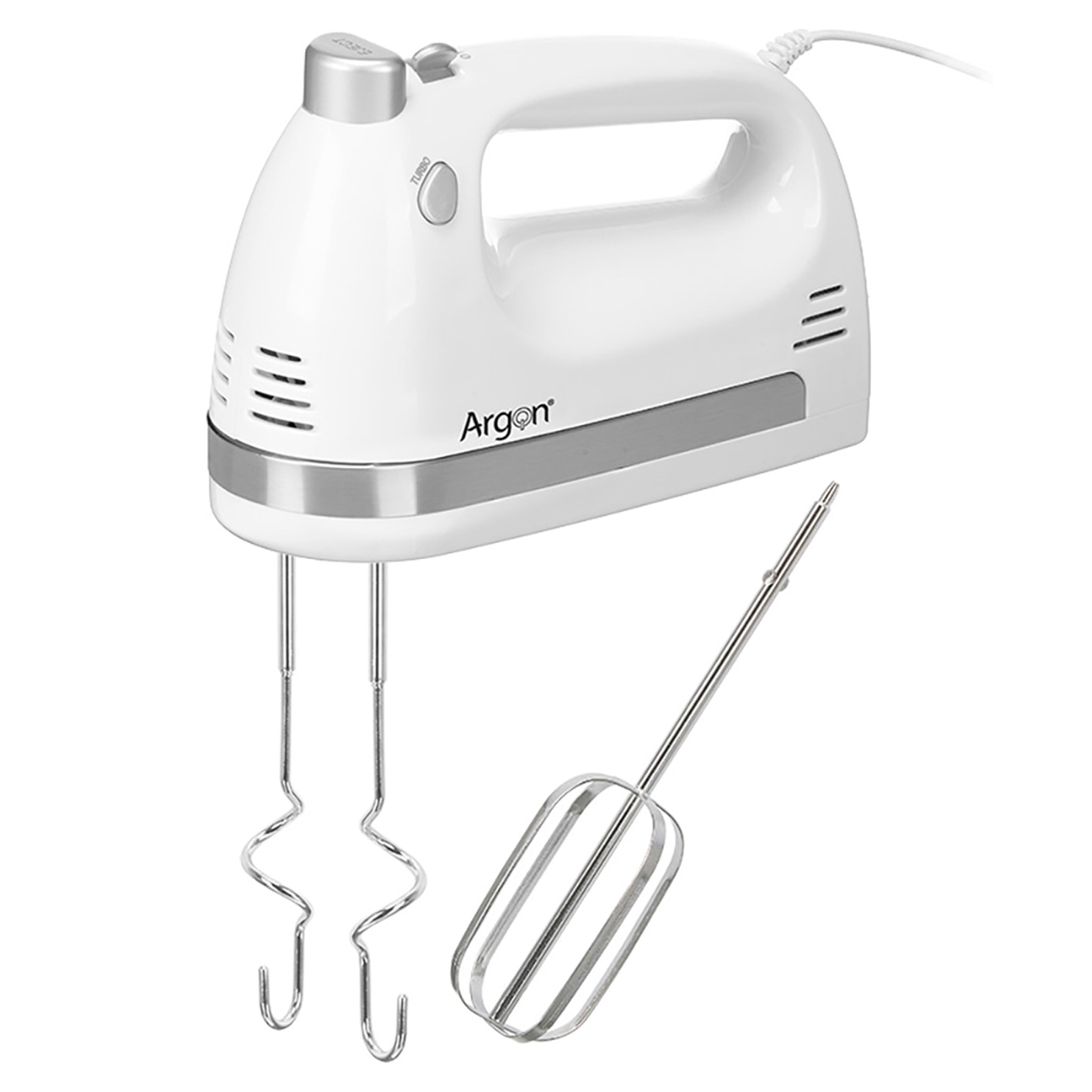 Frullatore bianco a mano con doppia frusta. 5 velocità con 400W. Include accessori per sbattere e impastare.