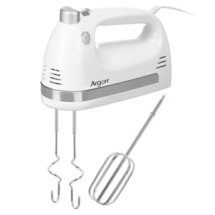 Frullatore bianco a mano con doppia frusta. 5 velocità con 400W. Include accessori per sbattere e impastare.