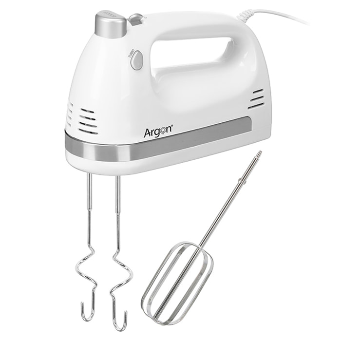 Frullatore bianco a mano con doppia frusta. 5 velocità con 400W. Include accessori per sbattere e impastare.