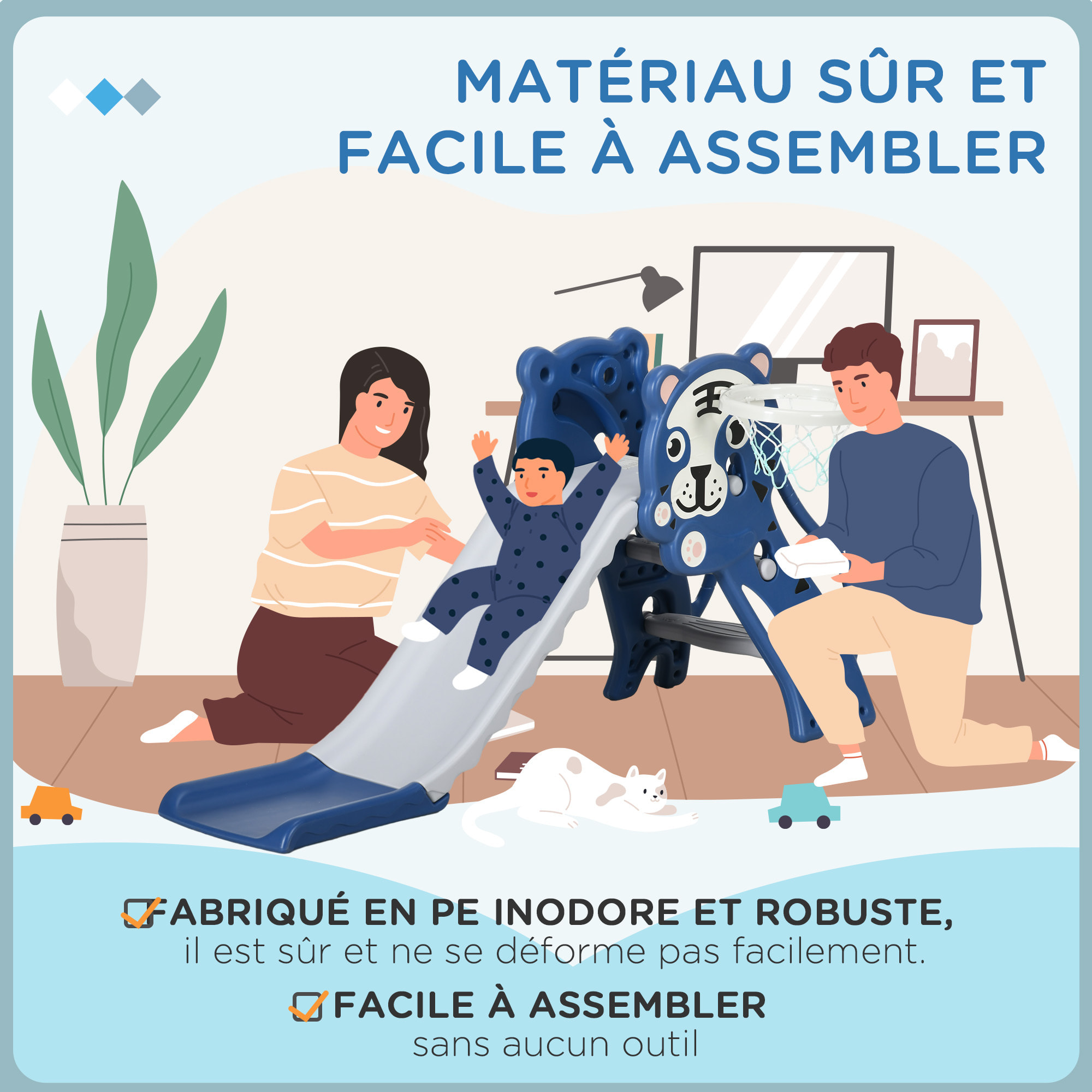 Toboggan enfant panier basket design tigre 18-36 mois usage intérieur - balle, pompe incluses - PE bleu gris