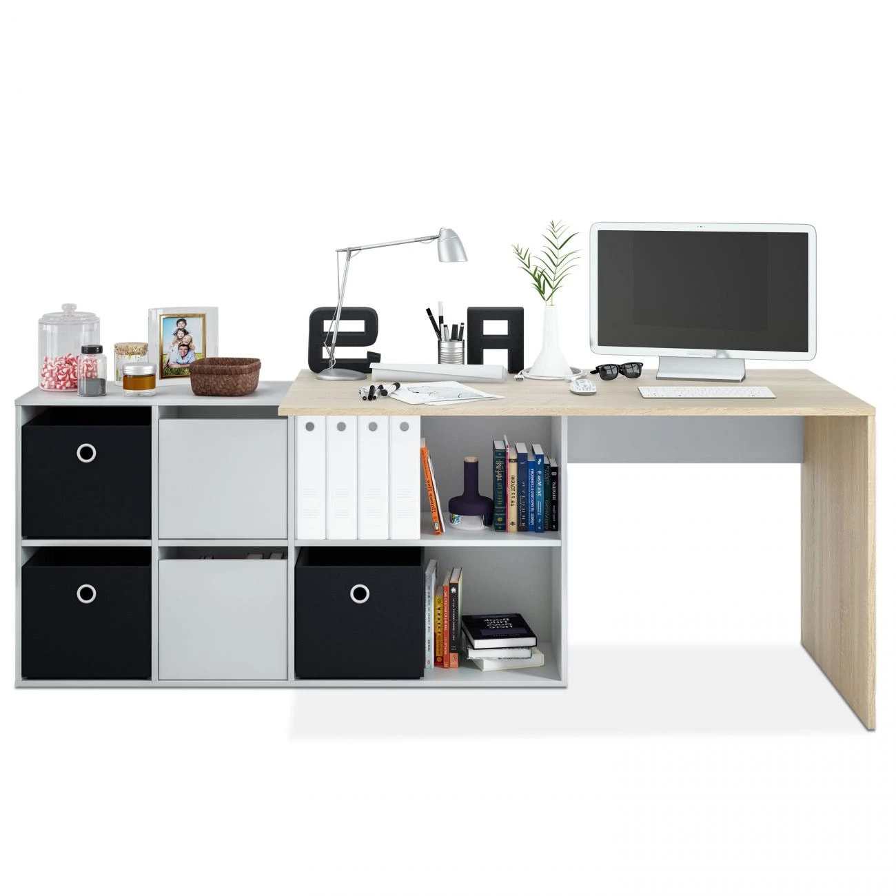 Mesa de escritorio Adapta XL Blanco Artik (Blanco Mate) - Roble Canadian