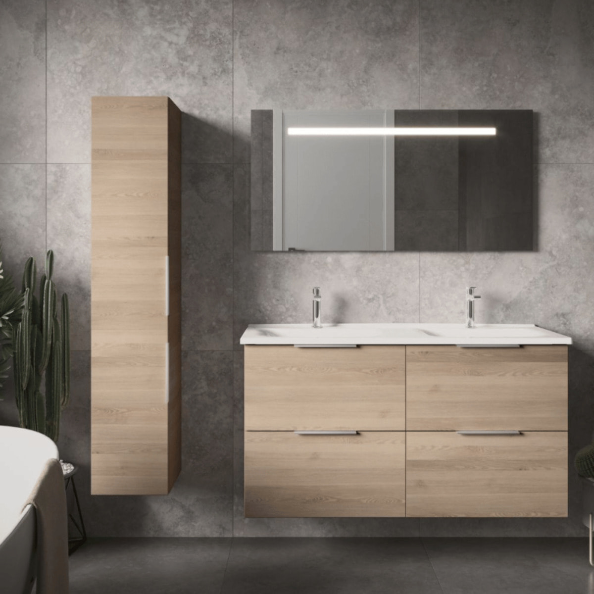 Meuble double vasque 120 cm BURGBAD Olena chêne clair + miroir