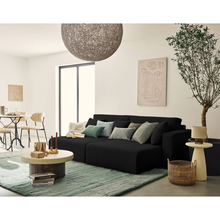 Topaze - Canapé droit 4 places avec double méridienne - assise profonde - en velours côtelé - Noir