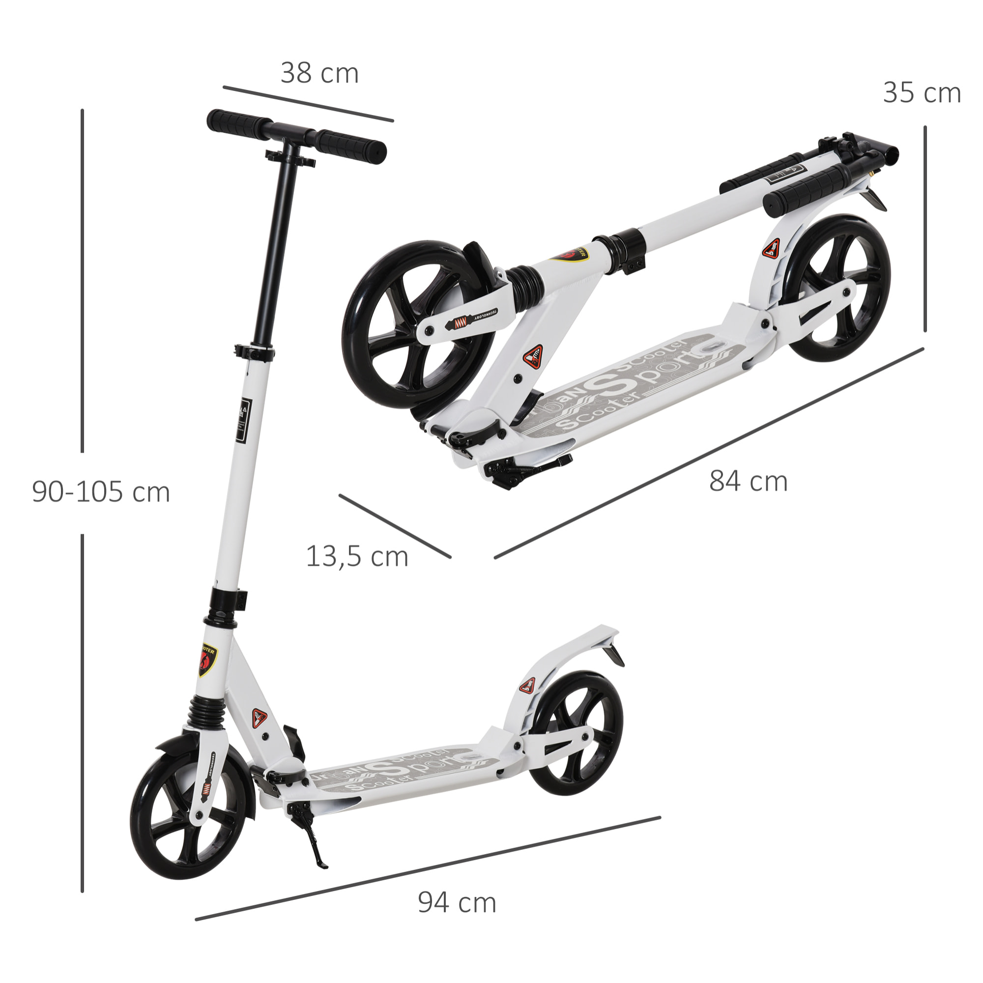 Patinete Plegable Aluminio PP PU 94x38x90-105cm Blanco