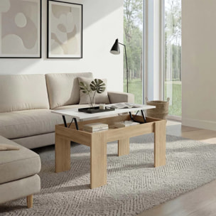 Mesa de centro elevable con almacenaje en roble canadian y blanco artik 90x43-53 cm Norak Roble Canadian - Blanco Artik (Blanco Mate)