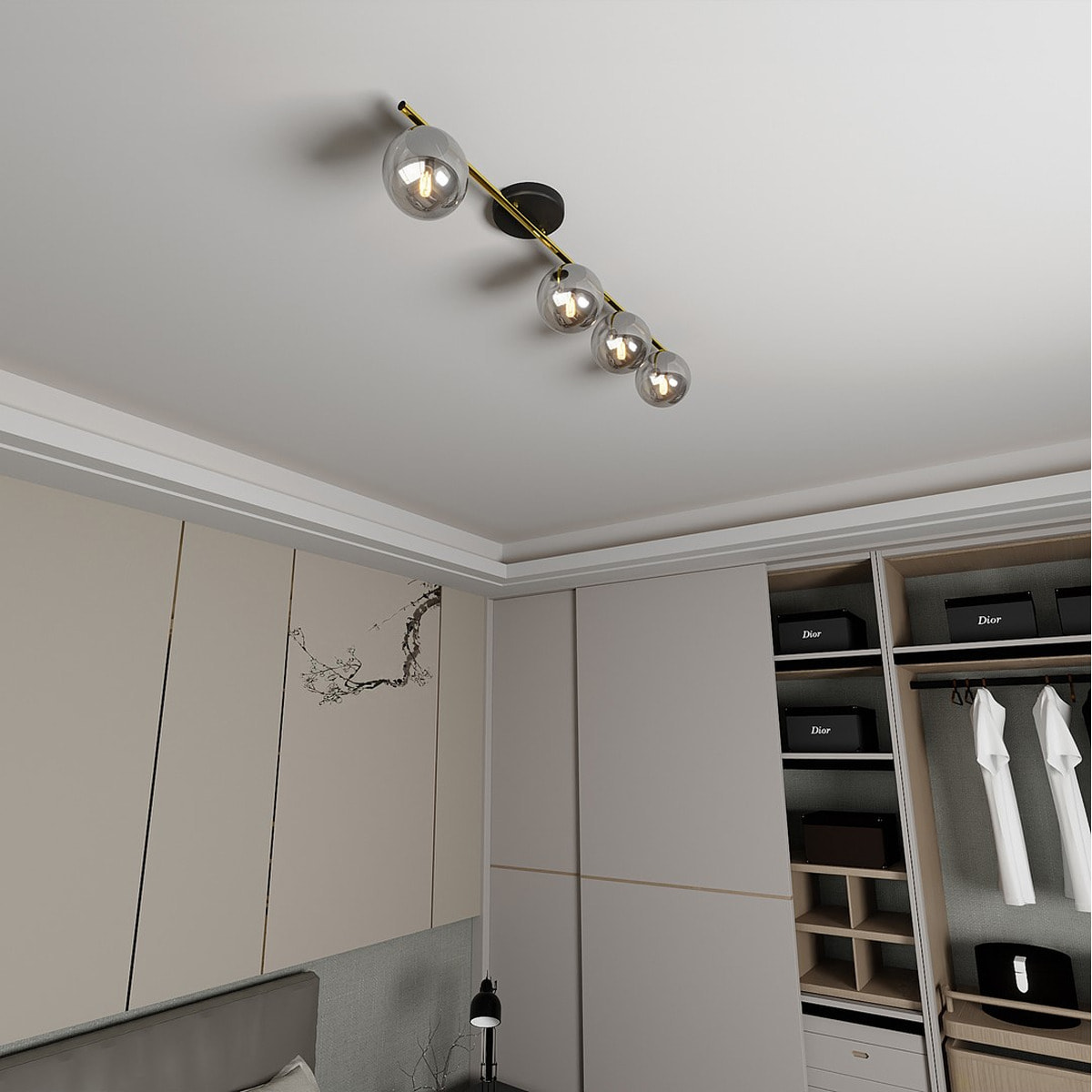Lampada a sospensione Monza in acciaio oro e nero con diffusori in vetro