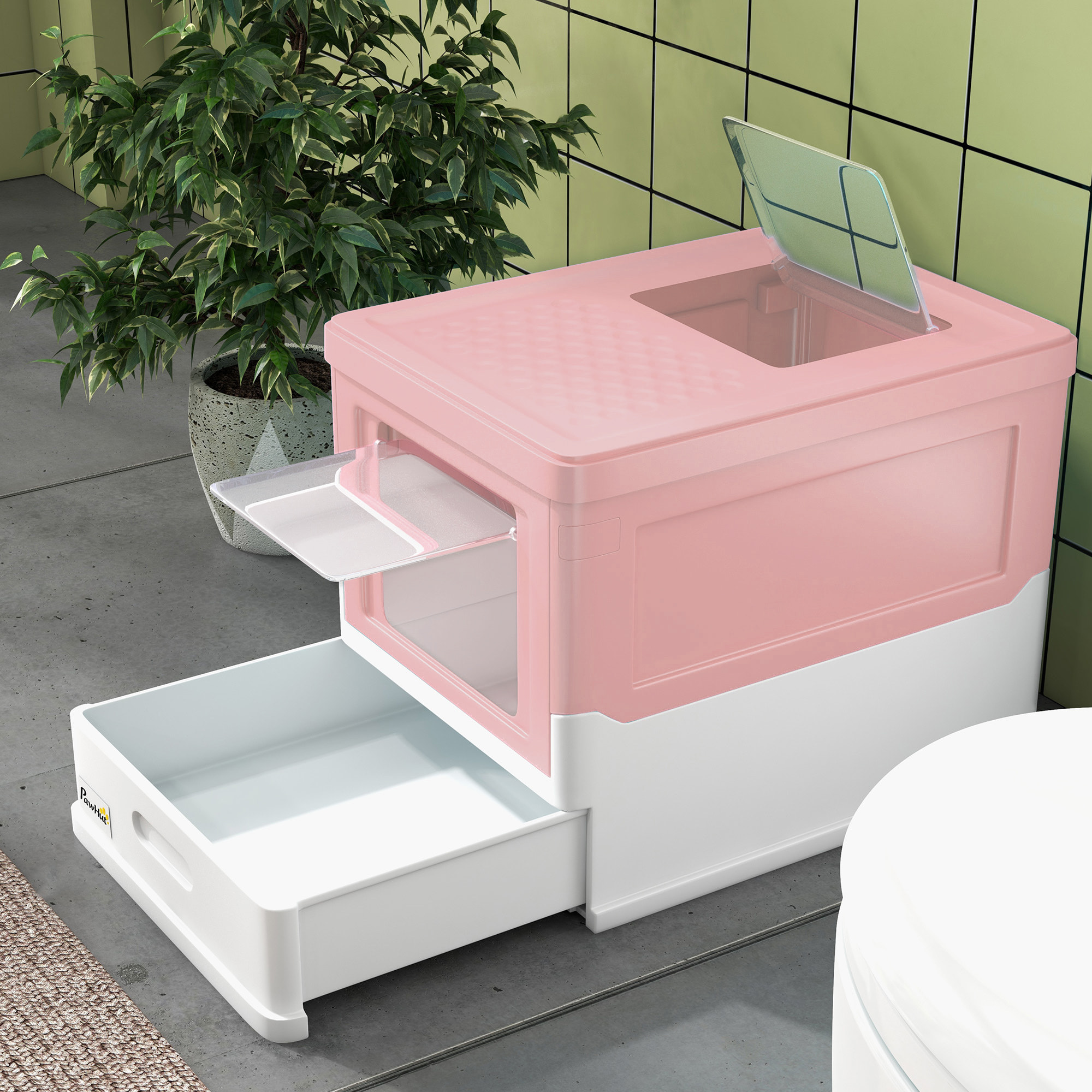 Arenero Cubierto para Gatos Bandeja Higiénica Desmontable con Entrada Frontal y Salida Superior con Pala Incluida para Gatos de hasta 5kg 47,5x35,5x36,7 cm Rosa y Blanco