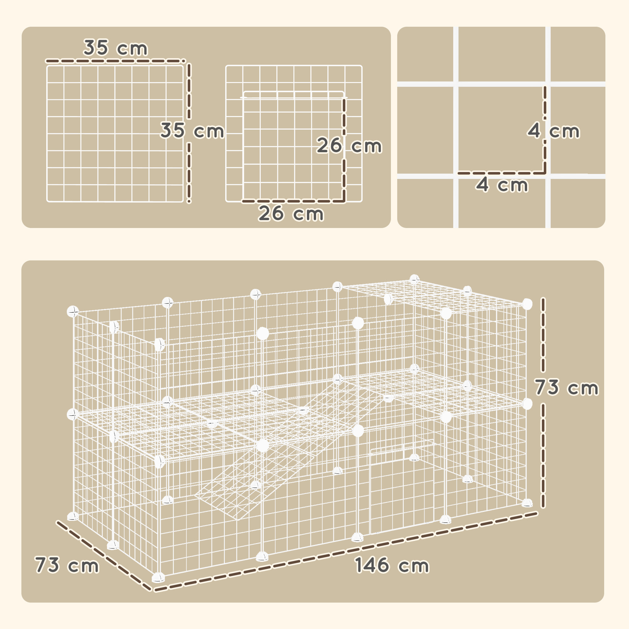 Cage parc enclos pour animaux domestiques L 146 x l 73 x H 73 cm modulable 2 niveaux 36 panneaux bords arrondis fil métallique blanc