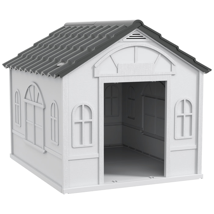 Caseta para Perros Exterior 84,2x98,2x82 cm Casa para Perros con Patrón de Ventana y Techo de Tejas de Imitación para Perros Grandes Gris y Blanco