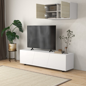 Meuble TV Banc TV style contemporain 3 portes abattantes panneaux blanc laqué