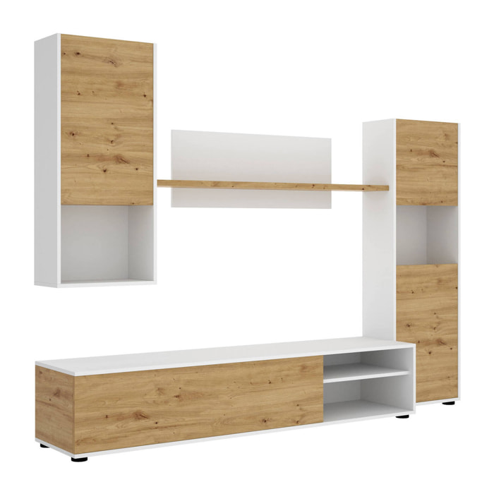 Parete attrezzata Artex, Set da soggiorno porta TV, Mobile salotto multiuso, 220x41h180 cm, Rovere Nodi e Bianco