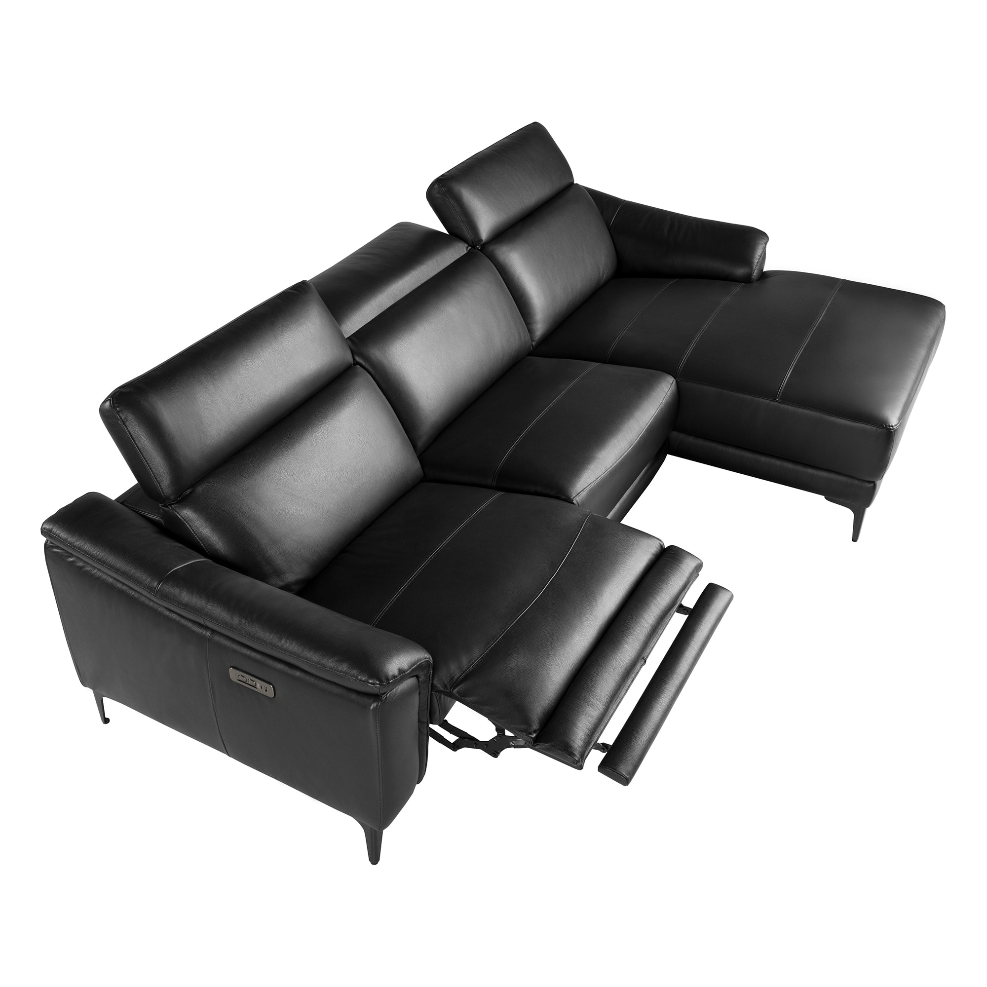 Sofá chaise longue relax derecha de 5 plazas tapizado en piel de vacuno en negro con reposacabezas patas de acero inoxidable en negro mate 272x168x96cm