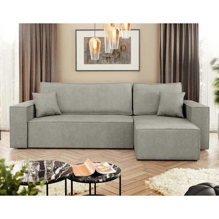 Cezanne - Canapé d'angle réversible 4 places convertible avec coffre en tissu texturé - Gris clair
