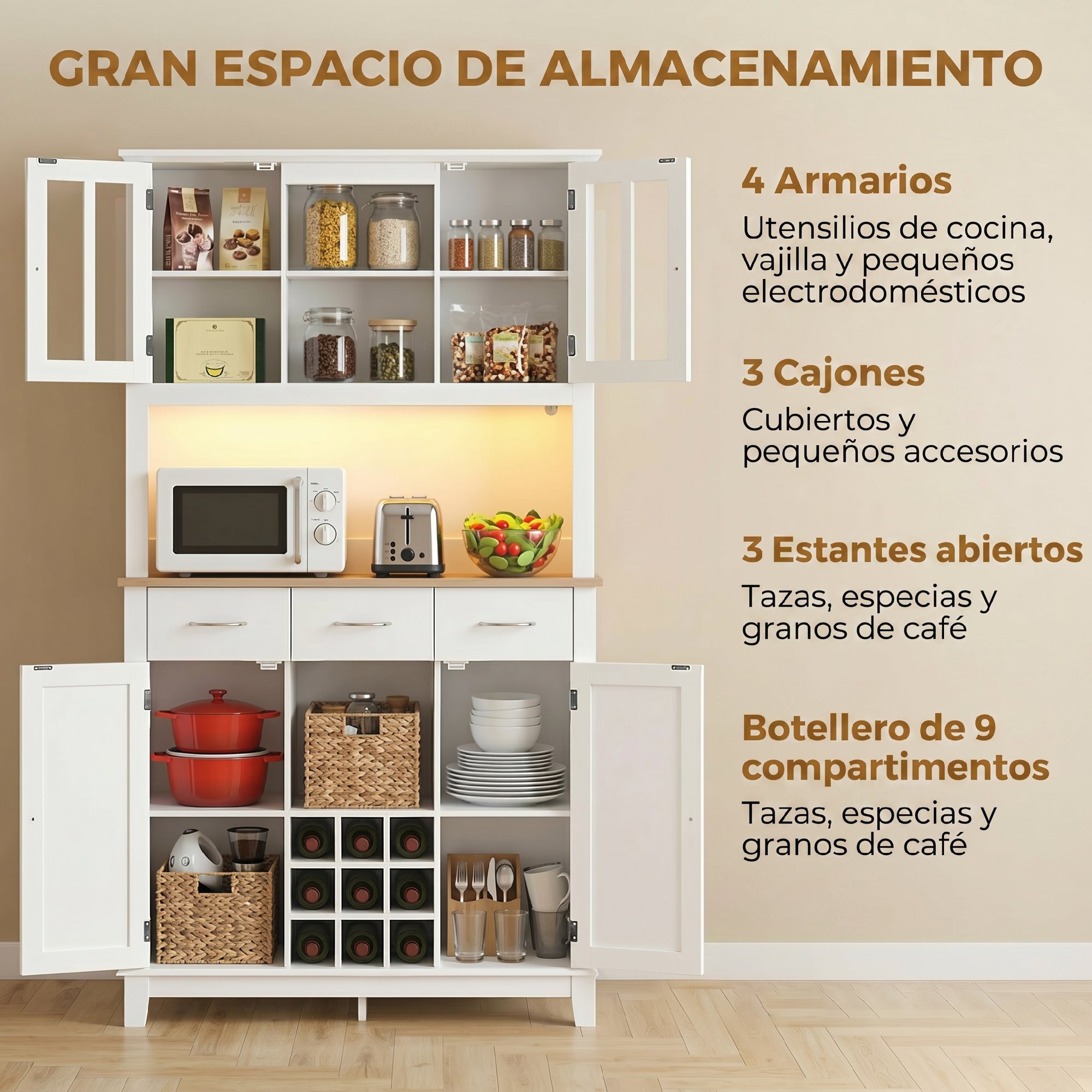 Alacena de Cocina con Iluminación LED Control por APP, Armario Cocina Alta con Encimera para Microondas, Botellero, Puertas de Vidrio, Estantes Abiertos, 3 Cajones, Estantes Ajustables, Blanco