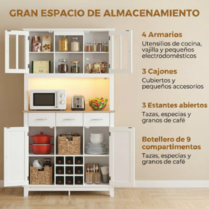 Alacena de Cocina con Iluminación LED Control por APP, Armario Cocina Alta con Encimera para Microondas, Botellero, Puertas de Vidrio, Estantes Abiertos, 3 Cajones, Estantes Ajustables, Blanco