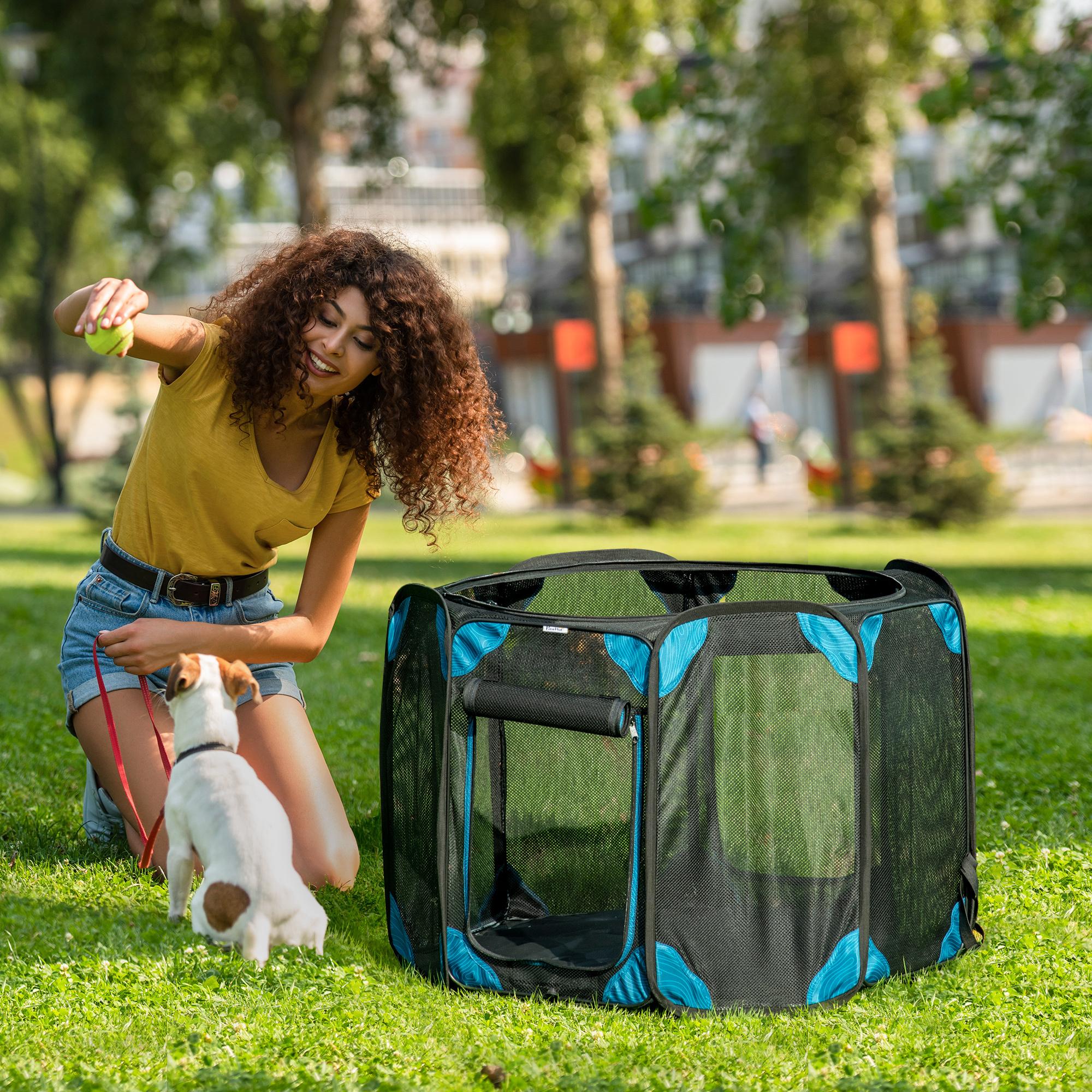 Parque Plegable para Perros y Gatos de 8 Paneles Parque de Juego para Mascotas con Bolsa de Transporte Recinto Portátil para Conejos Conejillos de Indias Ø91x58 cm Azul