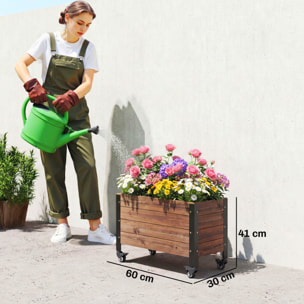 Jardinera Exterior de Madera con Ruedas, Huerto Urbano Elevado con Orificio de Drenaje y Tela no Tejida, Macetero Exterior Rectangular para Jardín, Terraza, 60x30x41 cm, Marrón Oscuro