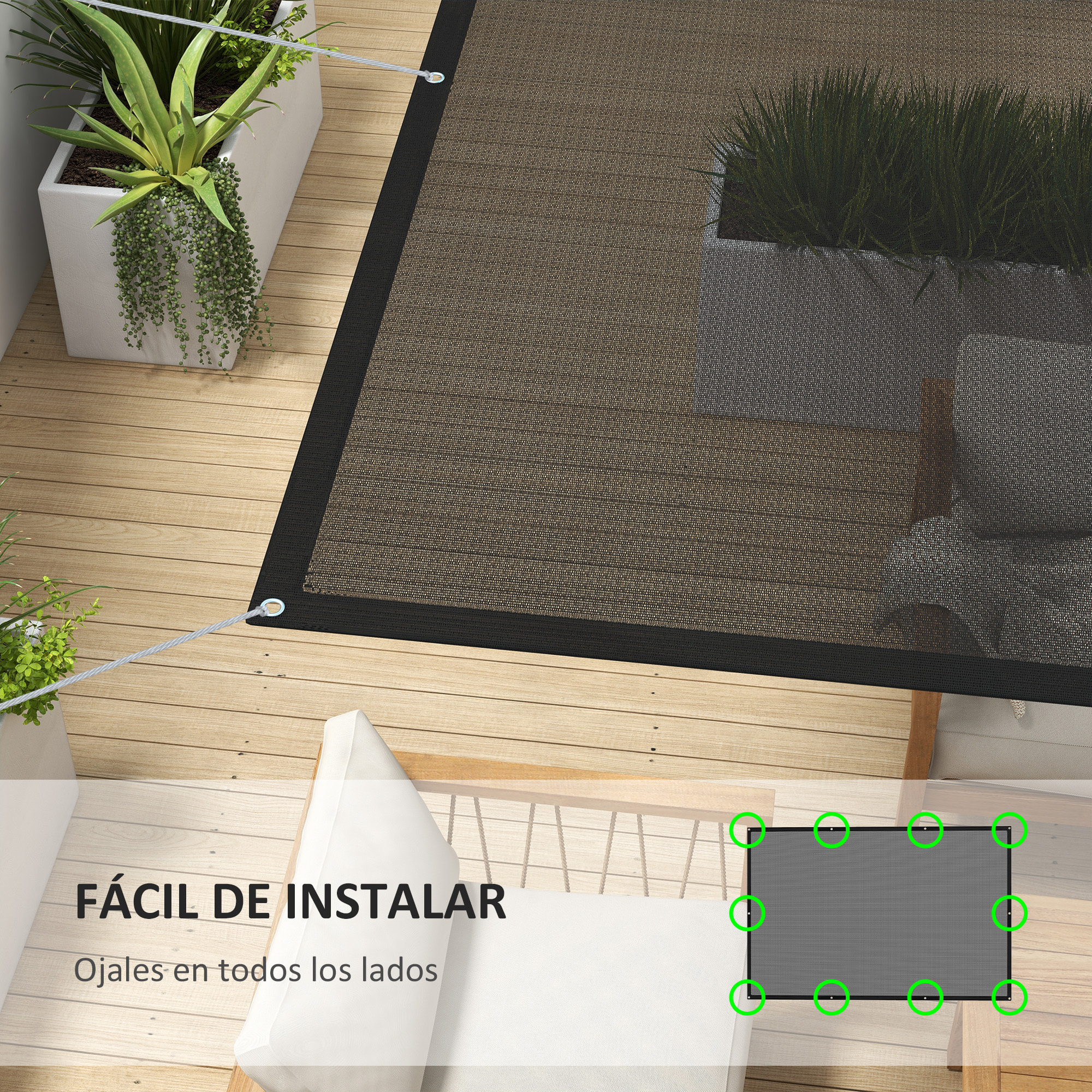 Outsunny Toldo Vela de Sombra Rectangular 3x2 m Toldo de Jardín Protección Solar 65% Transpirable y Anticongelante para Patio Terraza Balcón Negro