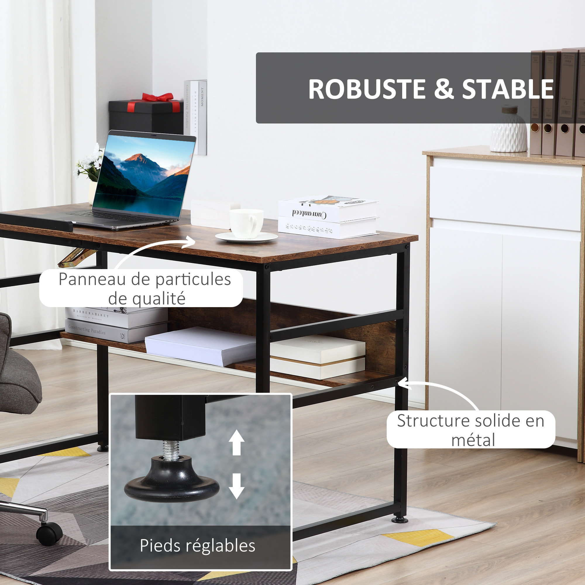 Bureau informatique design industriel - plateau relevable, étagère -  panneaux particules aspect vieux bois métal noir