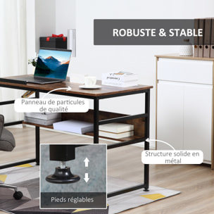 Bureau informatique design industriel - plateau relevable, étagère -  panneaux particules aspect vieux bois métal noir